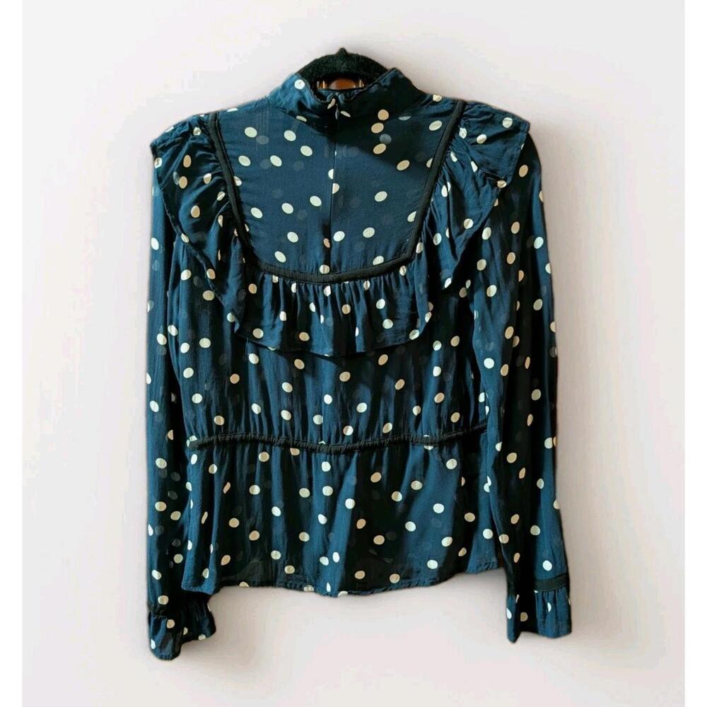 GANNI Georgette Polka Dot Sheer Ruffle Blouse Size: 36/Small Parisian Coquette - Picture 2 of 14